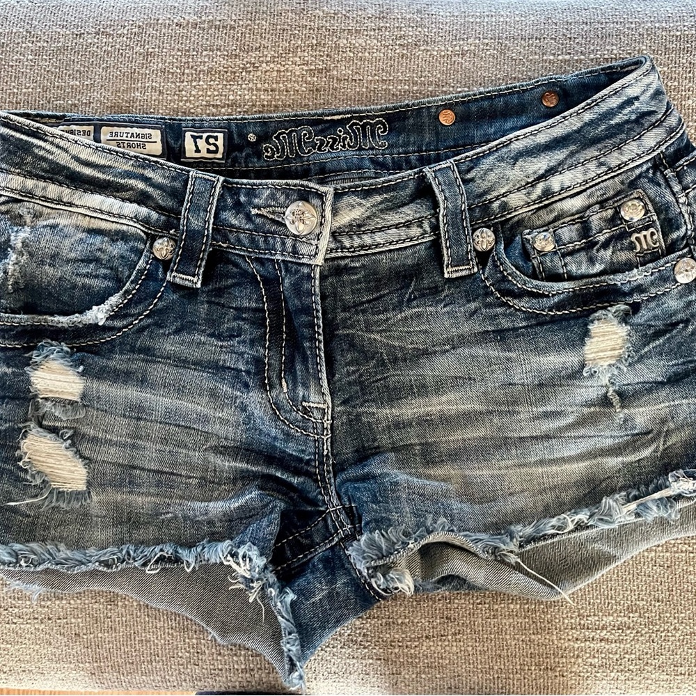 Miss Me Distressed Denim Shorts - Faded Blue